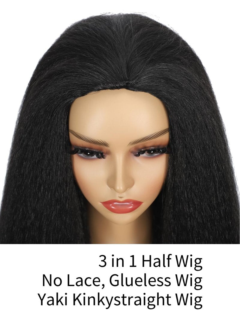 TASHEEMA Glueless Kinkystraight Synthetic Hair 3 in 1 Half Wig for Women 24 inch Black Yaki Kinky Straight for Headband Wig Ponytail