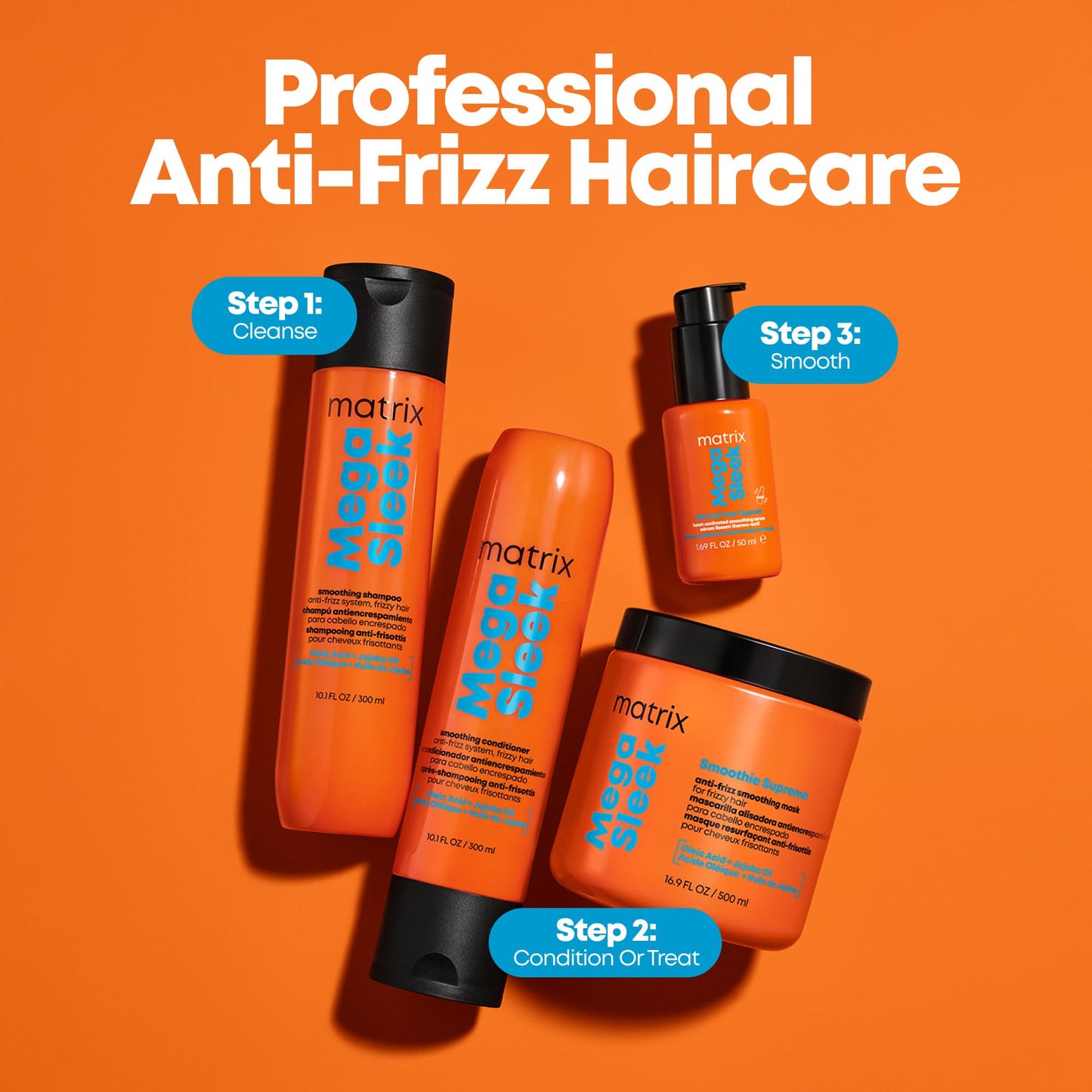 Matrix Mega Sleek Anti-Frizz Conditioner - 96H Anti-Frizz, 12x Smoother Hair, and Lasting Hydration, With Oleic Aicd and Jojoba Oil, For All Hair Types