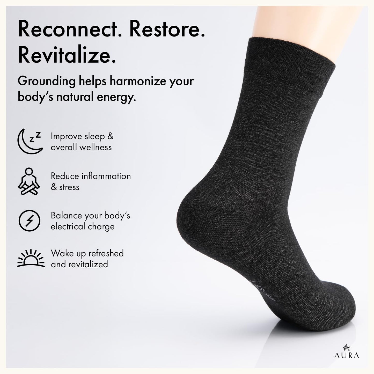 Aura™ Luxury Grounding Socks for Feet - 25% Pure Silver Grounding Socks for Women & Men - Black, Size Medium