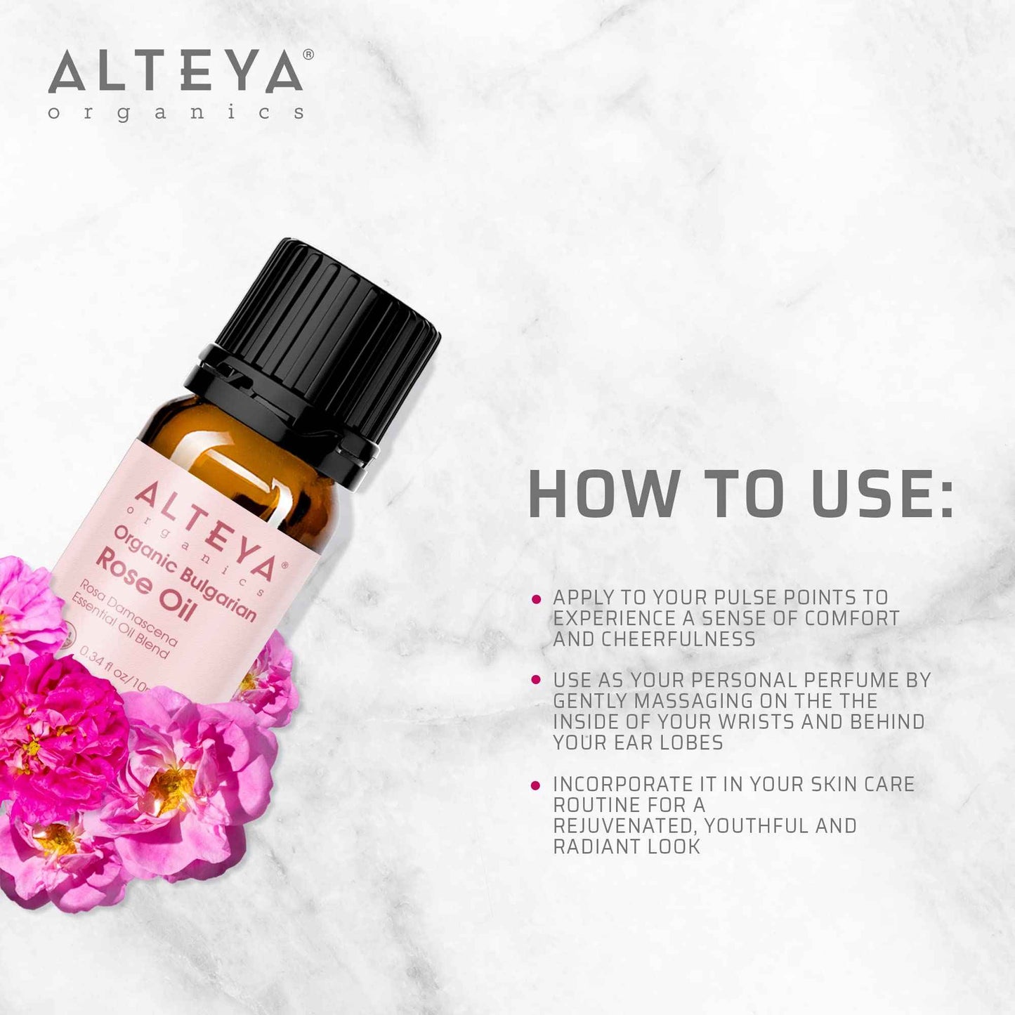 Alteya USDA Organic Bulgarian Rose Oil Rosa Damascena Otto Multi-Use Essential Oil Blend Excellent for Aromatherapy, Fragrance, Skincare and Massage Therapy 10mL