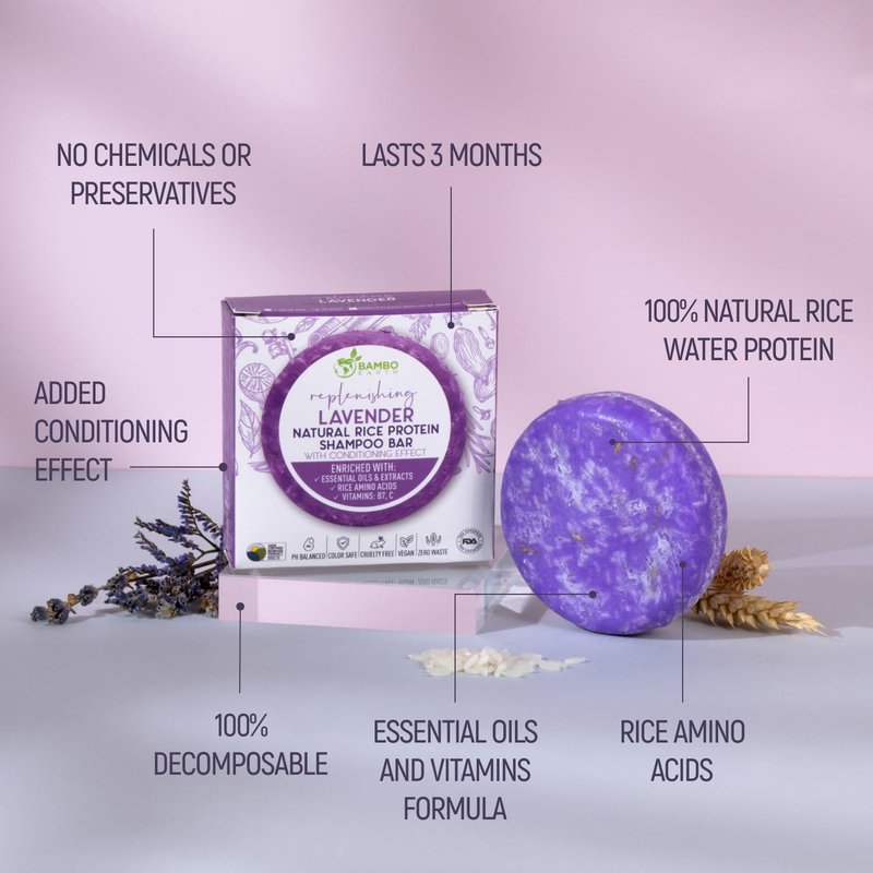 BAMBOEARTH Solid Rice Protein Water Shampoo Bar With Conditioner Effect Hair Soap – Shampoo Bars For Hair With All Natural Plant Based Essential Oils And Zero Waste Packaging (Lavender)