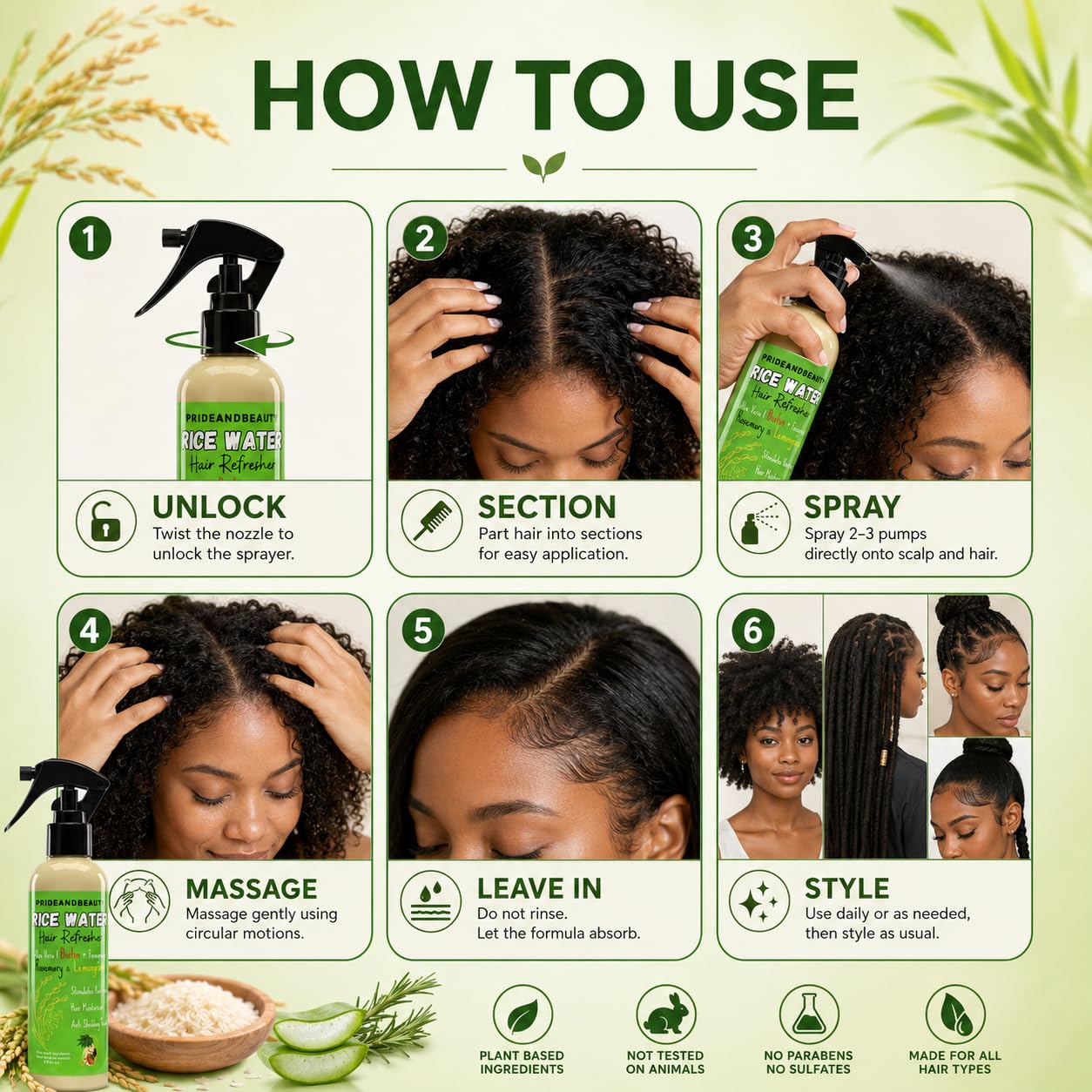 PrideandBeauty Fermented Rice Water Hair Refresher – Infused with Rosemary, Biotin, Caffeine & Keratin – Strengthens, Reduces Breakage, Hydrates & Softens – Non-Greasy Leave-In for All Hair Types