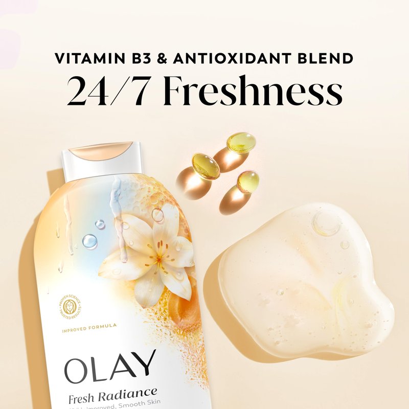 Olay Body Wash for Women, Fresh Radiance, Refreshing & Renewing, Made with Plant Based Cleansers, B3 Botanical Complex, For All Skin Types, Vanilla Blossom & Apricot Scent, 22 fl oz (Pack of 4)