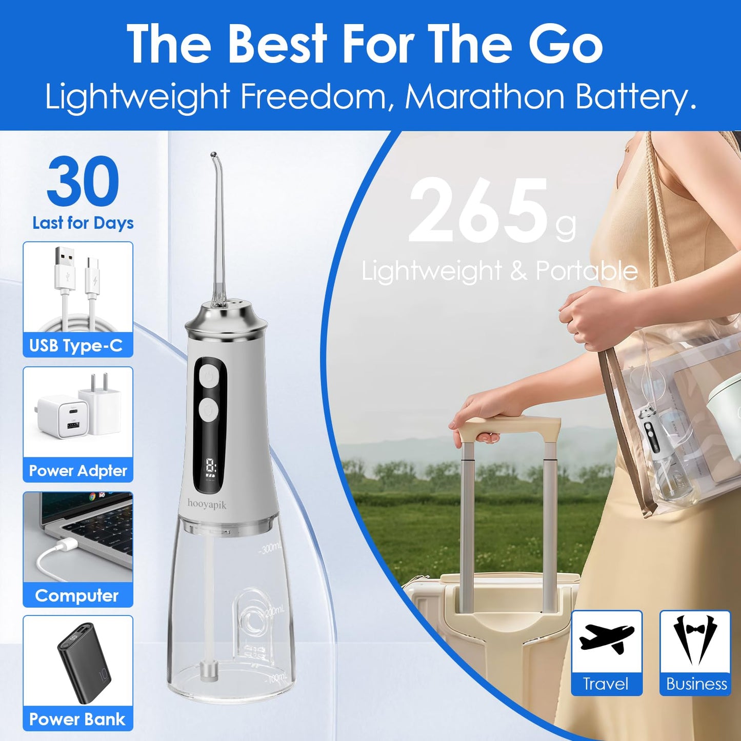 Hooyapik 300ml Water Flosser, 9+9 Modes, 4 Jet Tips, White (D0051)