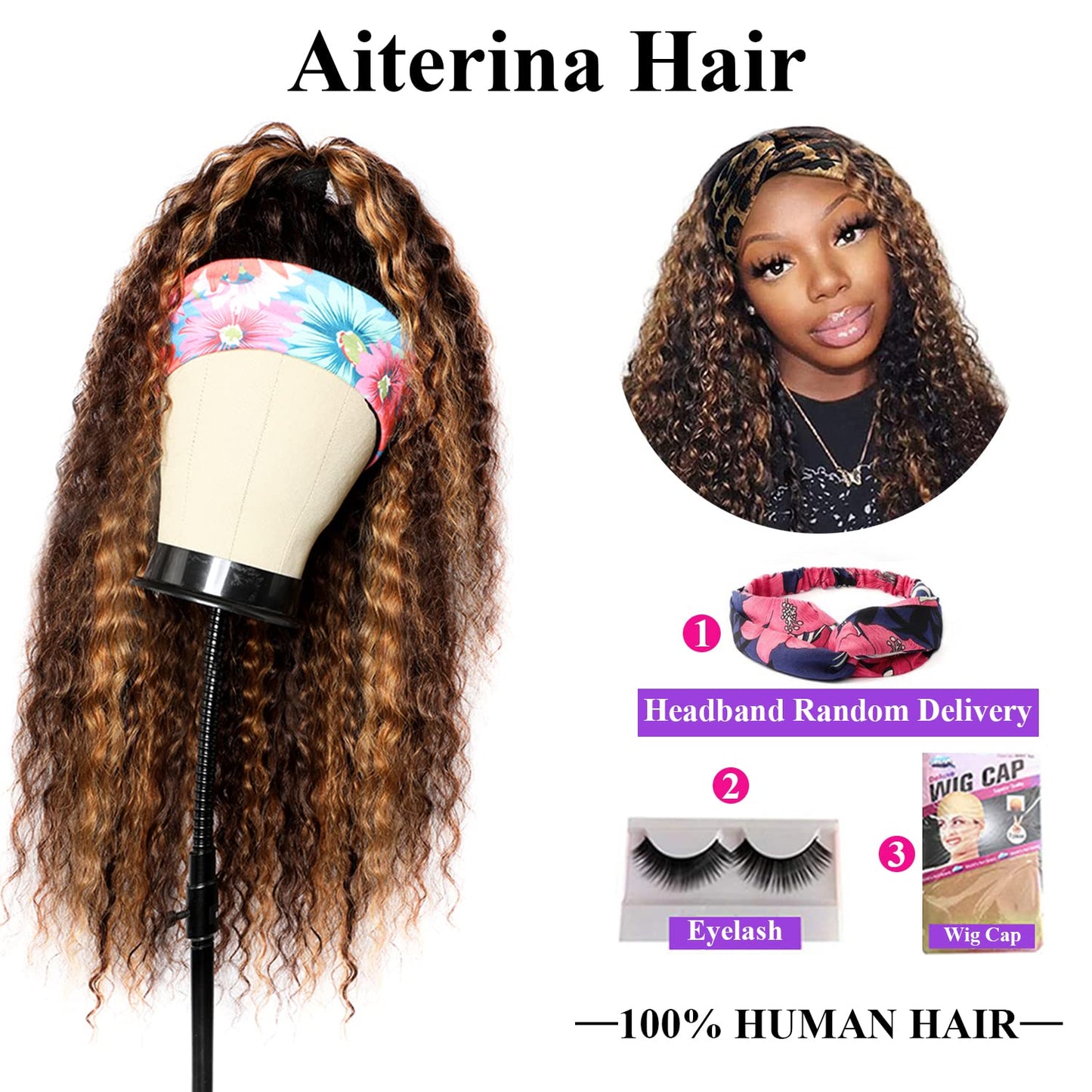 Aiterina Deep Wave Human Hair Wig Highlight Ombre Highlight Curly Human Hair Wig Headband Wigs for Black Women None Lace Front Wigs 150% Density 4/27 Highglight Wig 150% Density 8 inch