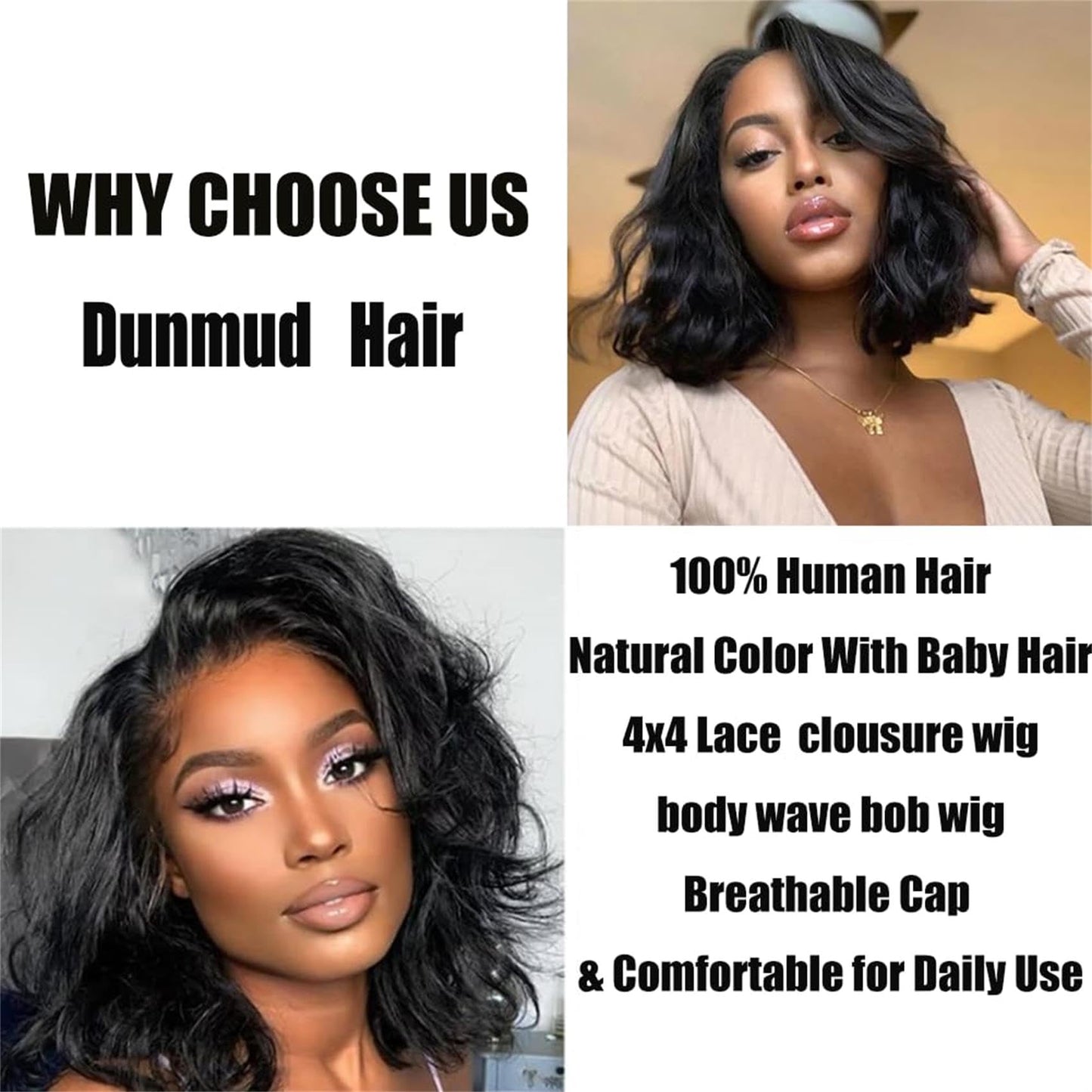 Dunmud Bob Wig Human Hair 4x4 Glueless Lace Front Wigs Human Hair Pre Plucked Short Bob Body Wave Lace Closure Wigs 10 In