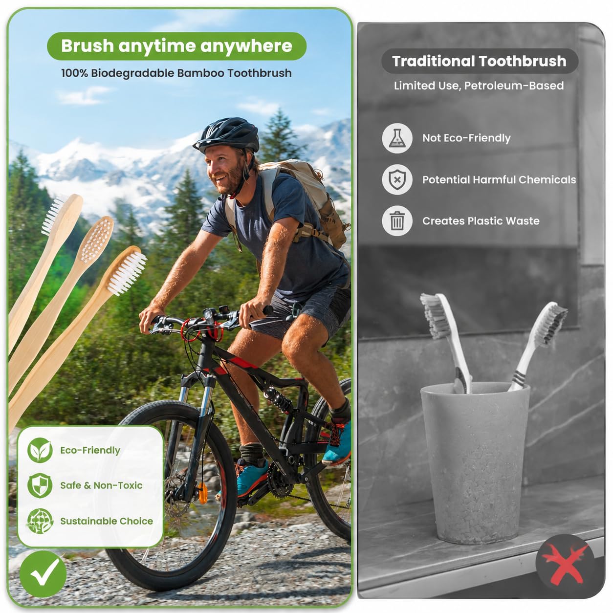 B Rush® 72Pack Bamboo Prepasted Toothbrush, Individually Wrapped Mini Travel Toothbrush with Pre-Pasted Mint Gel, Biodegradable Eco-Friendly Disposable Toothbrushes Travel Set for Adults & Kids