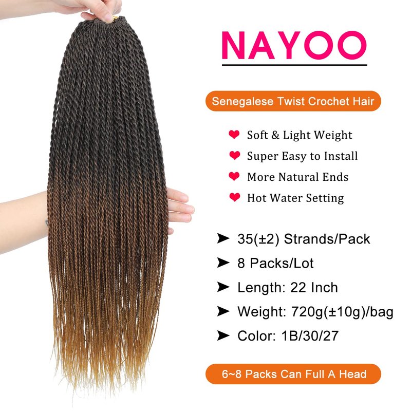 NAYOO Senegalese Twist Crochet Hair Extensions for Protective Styles, Synthetic Fiber, Easy Install for Beginners. 22 Inch Ombre Crochet Twist Hair for Black Women