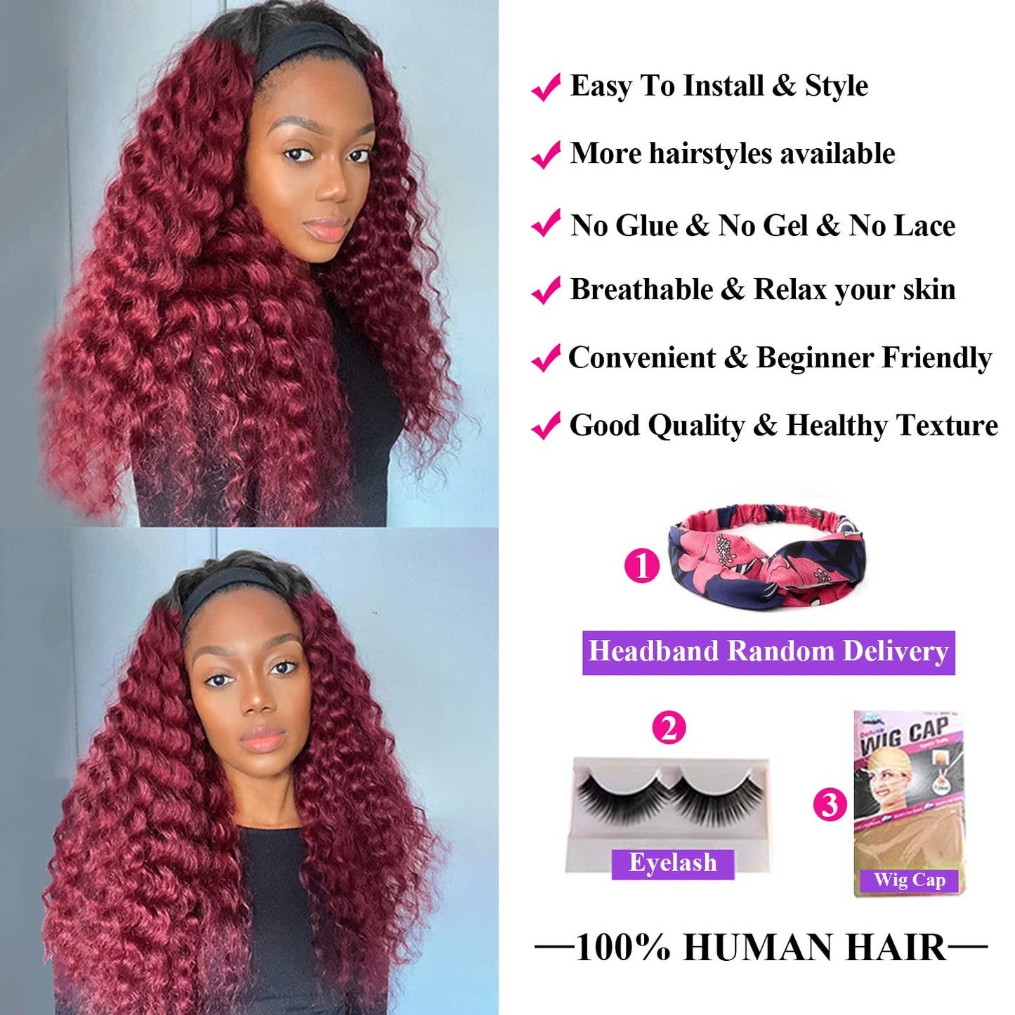 Aiterina Headband Wig deep wave human hair wigs for Black Women Brazilian Remy Hair Glueless Non Lace Front Wig 150% Density (14 inch, 1B/99J)