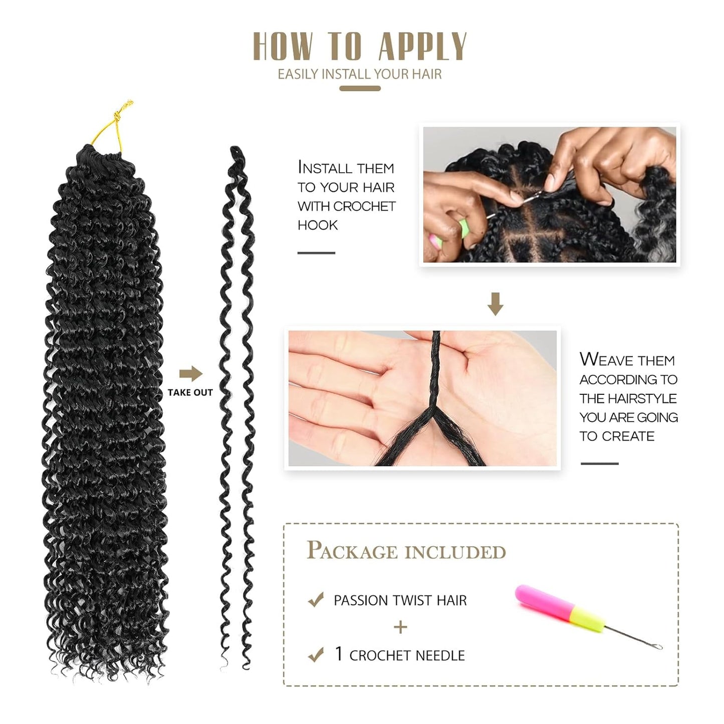 Passion Twist Hair - Water Wave Braiding Extensions for Butterfly Style Crochet Braids | 24 Inch, #1B (7 Packs)
