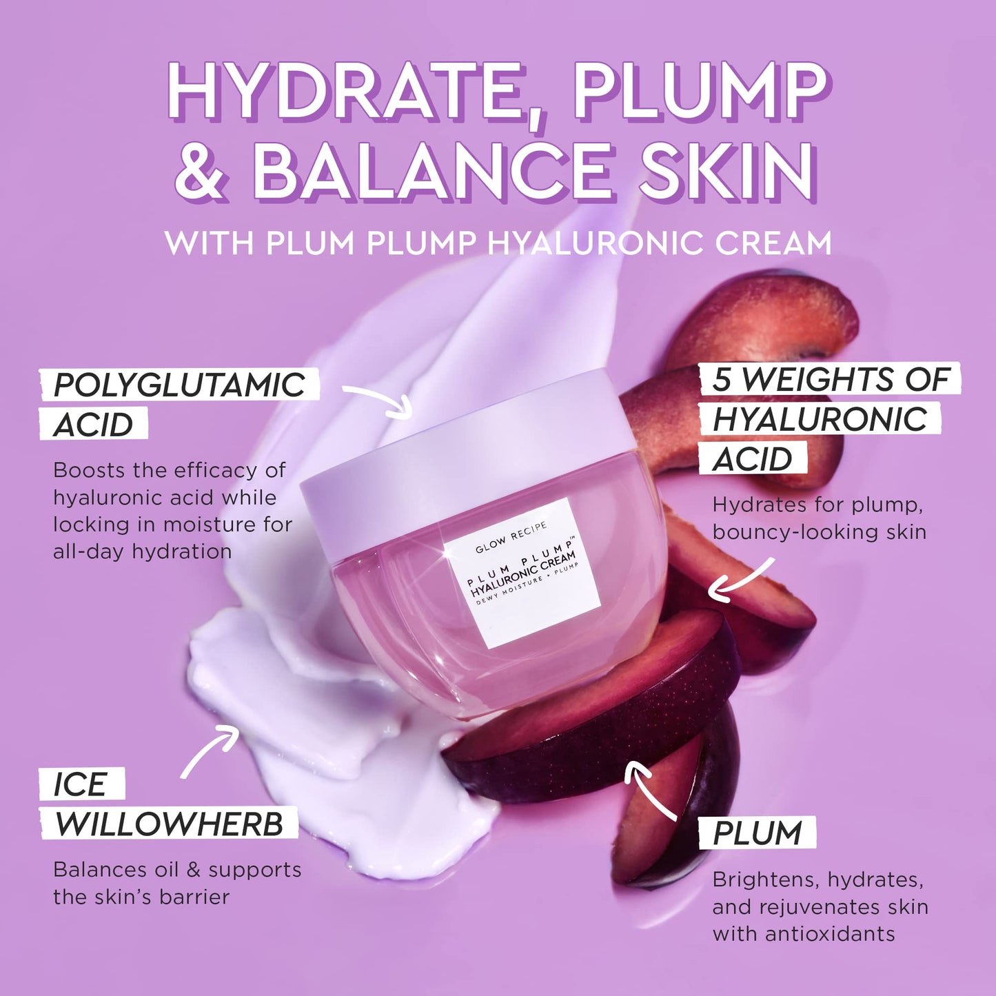 Glow Recipe Blueberry Bounce Gentle Face Cleanser - Moisturizing Makeup Remover & Foaming Face Wash (30 ml) + Plum Plump Hyaluronic Acid Face Cream for Dry Skin (20 ml)