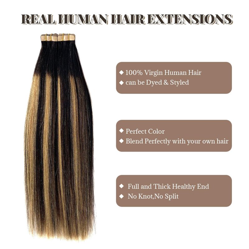 Tape in Hair Extensions Human Hair Yaki Straight Natural Black Hair Extensions Balayage Caramel Blonde Highlights Real Remyh Human Hair 12 Inch 50g/pack 20pcs Tape Hair Extensions for Black Women