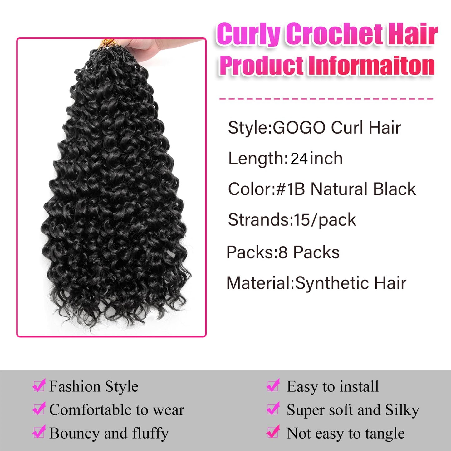 GoGo Curl Crochet hair 8 Packs Curly Crochet Hair for Women 24Inch 1B