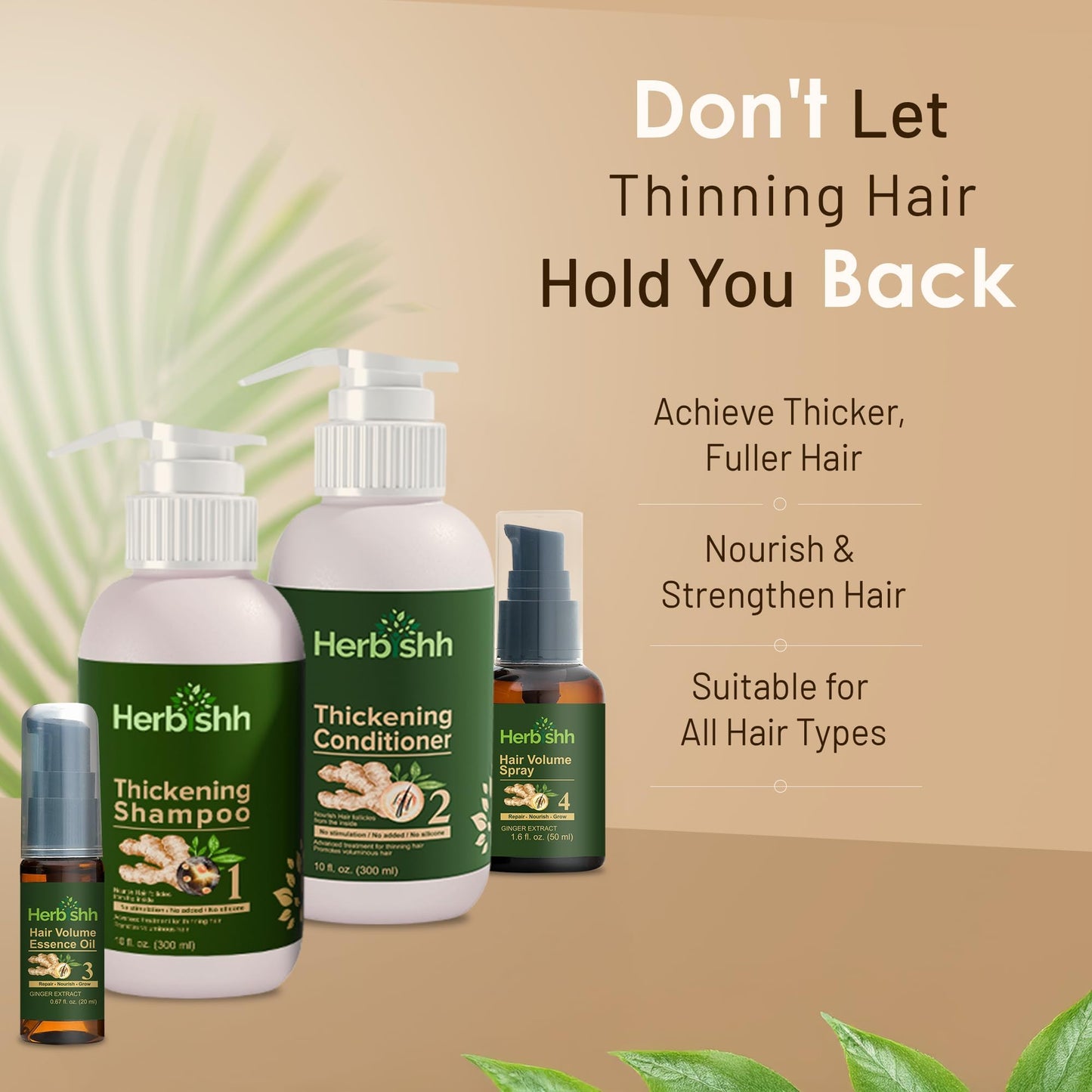 Herbishh Thickening Shampoo and Conditioner | Hair Vitalizer | Hair Growth Essence Oil | Prevents Hair Loss - Supports Healthy Growth (4in1)