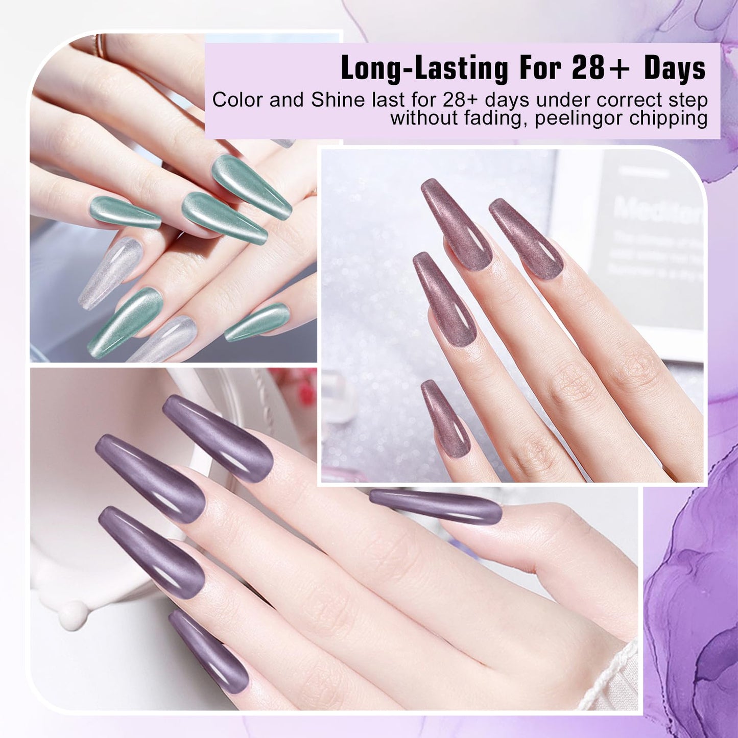 ADHERE 12ml 8pcs Magnetic Cat Eye Gel Nail Polish Kit with Magnetic Stick - Blue Purple Green Mint Silver White Glitter Shining Nail Gel Polish Magnetic Gel Nail Varnish Gel Gift for Women