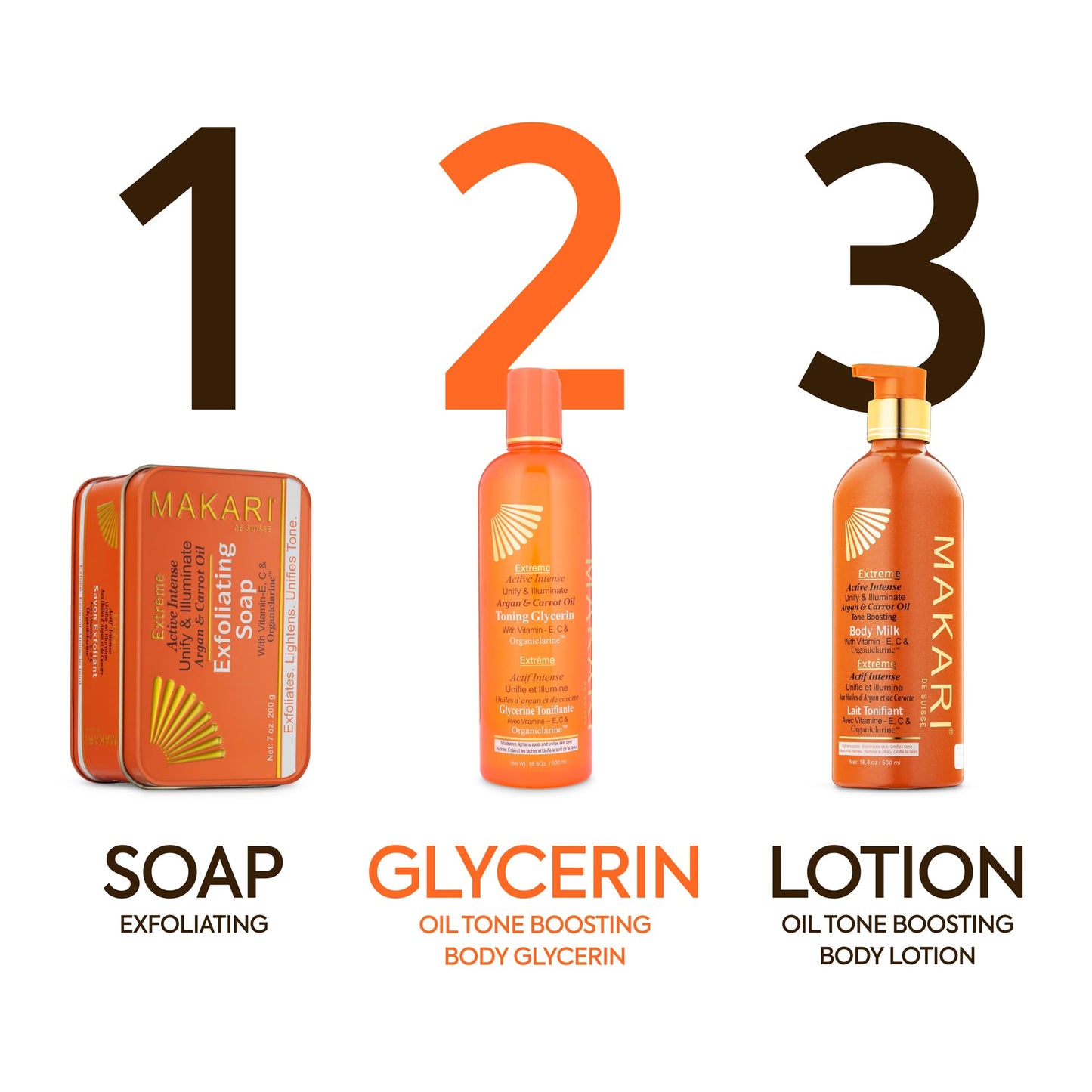 MAKARI Extreme Active Intense Argan & Carrot Oil Tone-Boosting Body Glycerin (16.8 oz) | Helps Improve the Look of Spots & Uneven Tone | Hydrates and Softens | For Most Skin Types