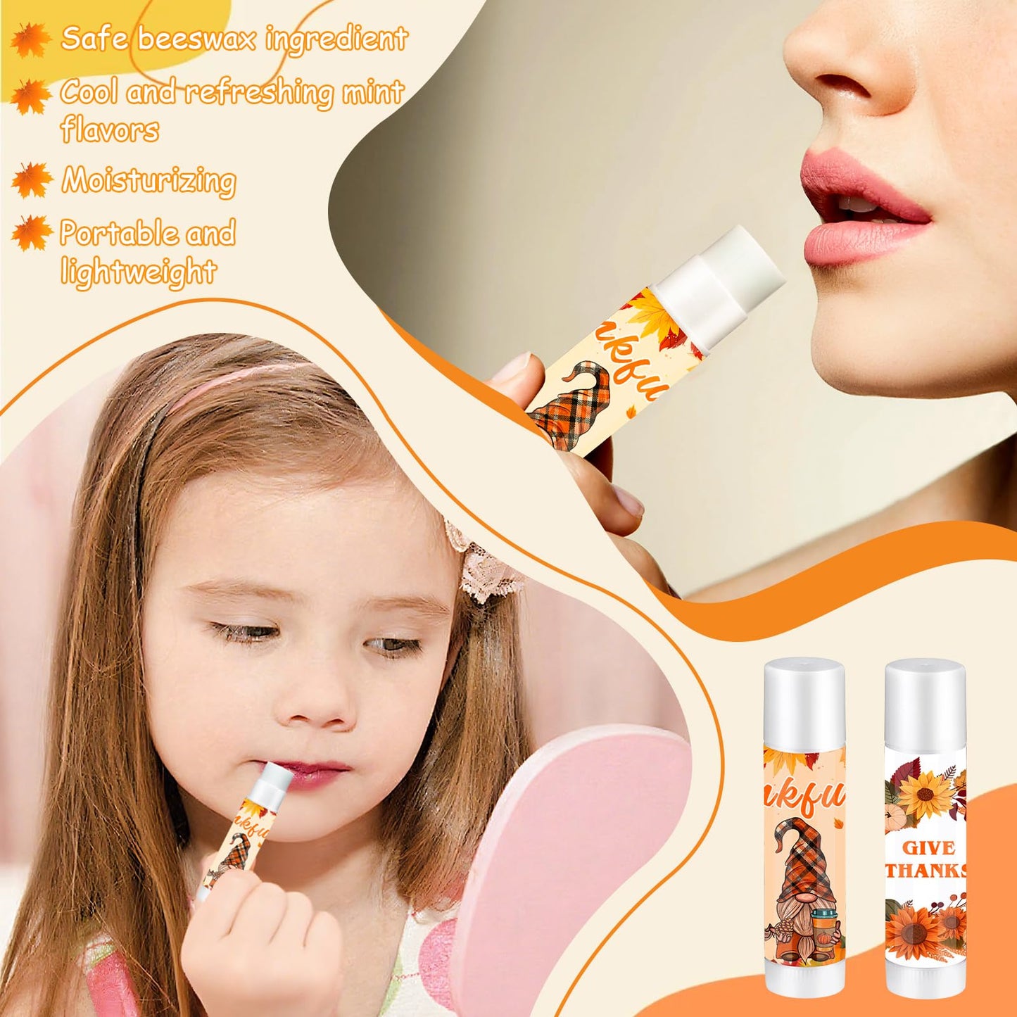 QAUYETM 50 Set Fall Gifts Lip Balms Bulk Fall Party Favors 6 Assorted Flavors with 50 Organza Bags and Cards Autumn Pumpkin Maple Leaf Chapstick Thanksgiving Gifts for Women Men Coworkers Guest