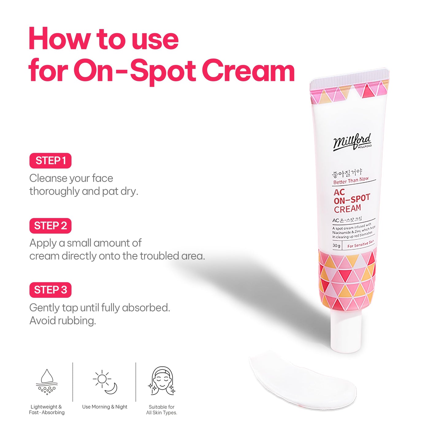 Millford AC On-Spot Cream 30g/1.05 Oz, Zinc Oxide 10%, Niacinamide 2% for Active Skin Repair, Acne Spot Treatment for Face, Blemish Care, Dark Spot, Korean Skincare for Sensitive & Acne-Prone Skin