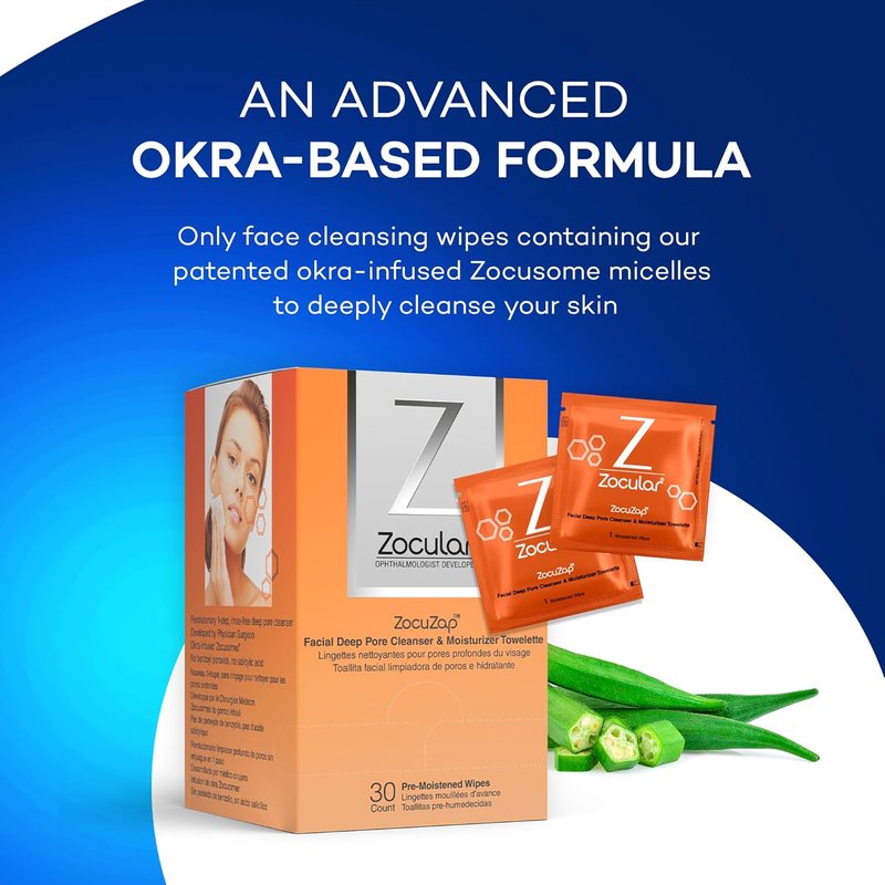 Zocular Moisturizing Face Wipes - Gentle Makeup Removal & Exfoliation with Natural Okra Complex | 30 Count