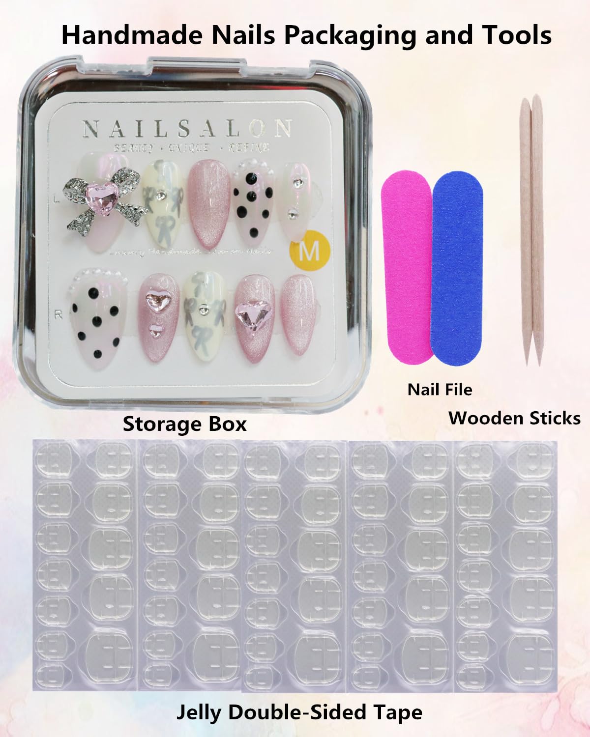 CAMILCY Handmade Nails Press on Long pointed tip Pink Hand Painted Reusable Gel UV Finished Pre Shaped False Nails for Women 10pcs 3D Glitzadora Handmade Nails (A087, L)