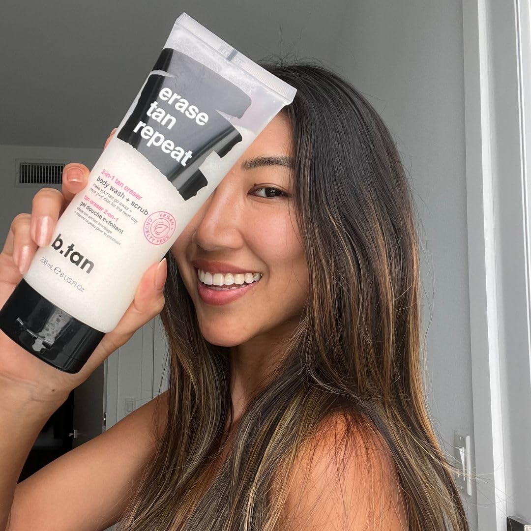 b.tan Self Tan Remover | Erase Tan Repeat - Best 2-in-1 Self Tanner Eraser & Exfoliator Scrub, Express, for Dark Spray Tans, Mousse, Gradual Lotion, Sunless Tanning Eraser, 8 Fl Oz