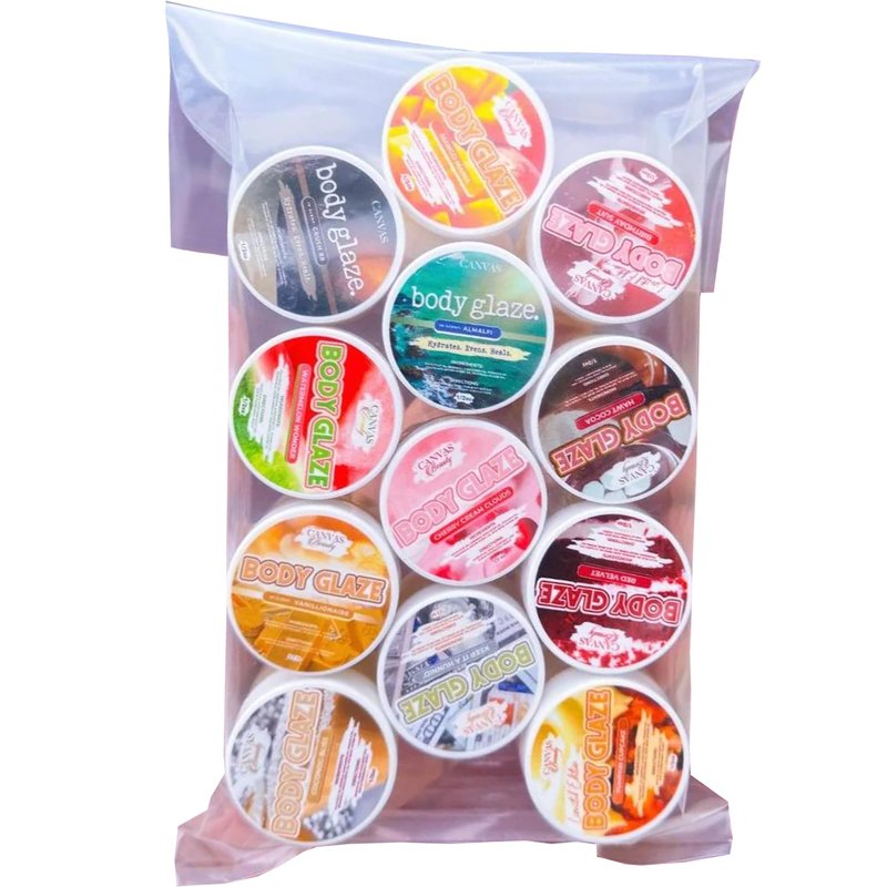 Canvas Beauty Body Glaze Galore Sample Pack, Set of 12 Unique Scents (0.5 oz Each) - Moisturizing Body Butter for Women With Beeswax, Jojoba Oil, and Rice Bran for Soft and Glowy Skin