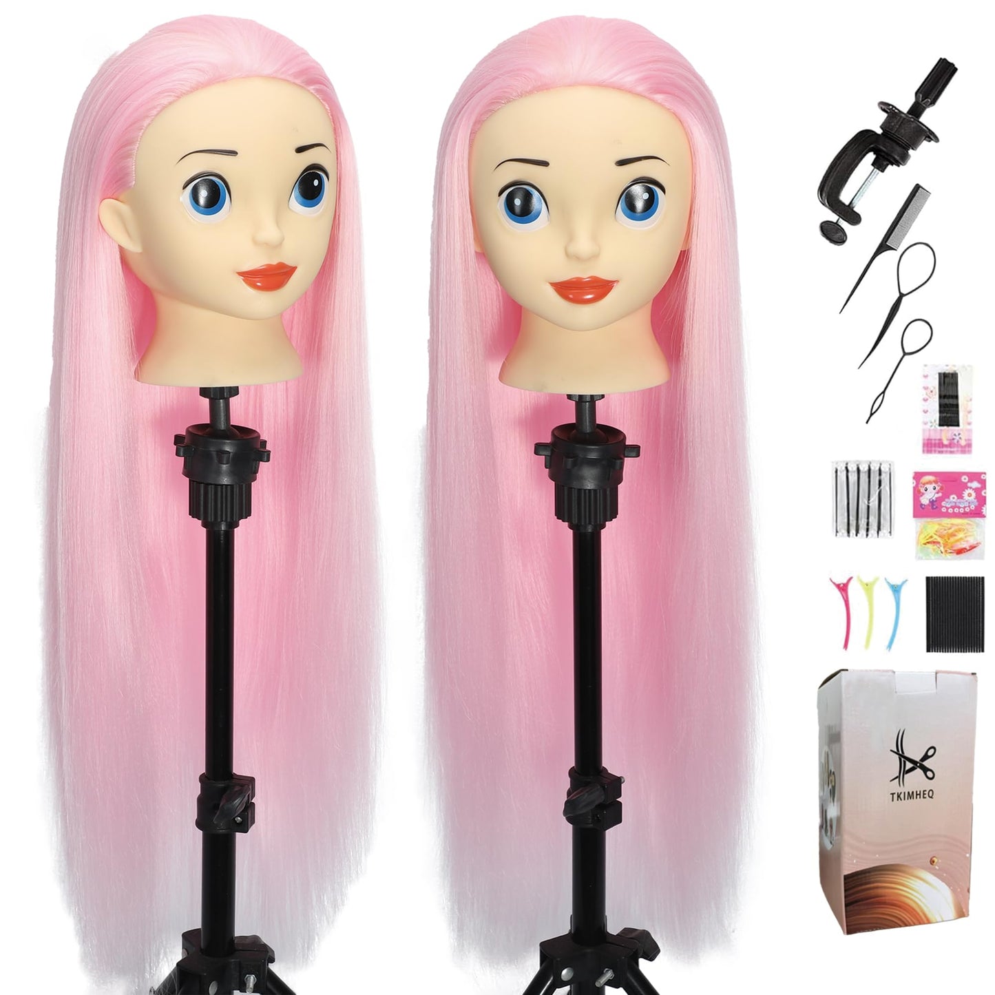 TKIMHEQ Mannequin Head with Hair 24'' Doll Head for Hair Styling Training Head Manikin Practice Cosmetology Doll Head Styling Hairdressing Training Braiding Heads with Clamp Holder (Ombre Pink)