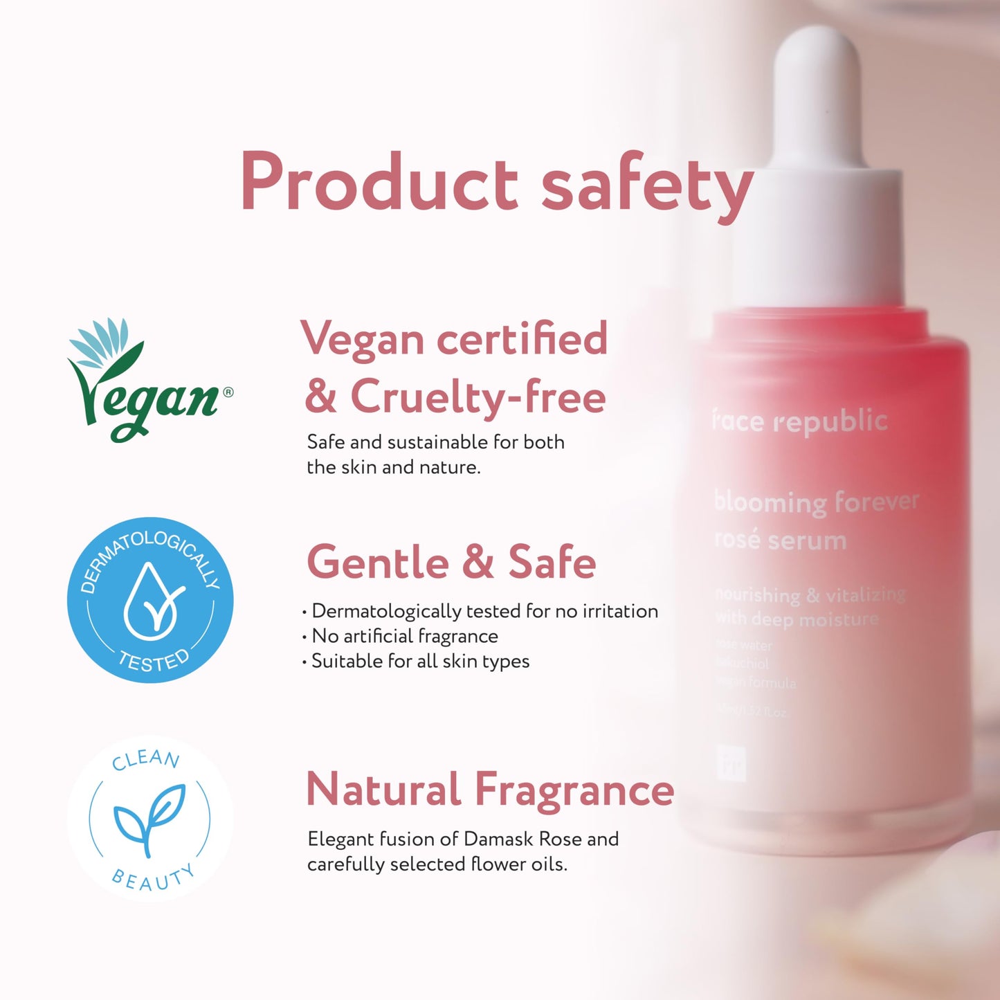 Face Republic Blooming Forever Rosé Serum 45ml 1.52 fl oz | Damask Rose, Bakuchiol | Revitalizing & Rejuvenating | Wrinkle Care | Firm and Elastic Skin | Vegan Korean Skincare