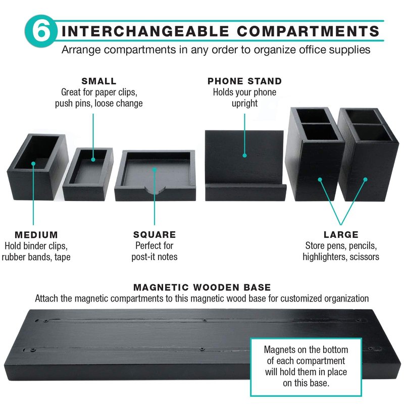 Excello Global Products Magnetic Desk Organizer | 6 Removable Compartments for Pens, Pencils, Post-Its, Paperclips, Cell Phone and Office Supplies (Black)