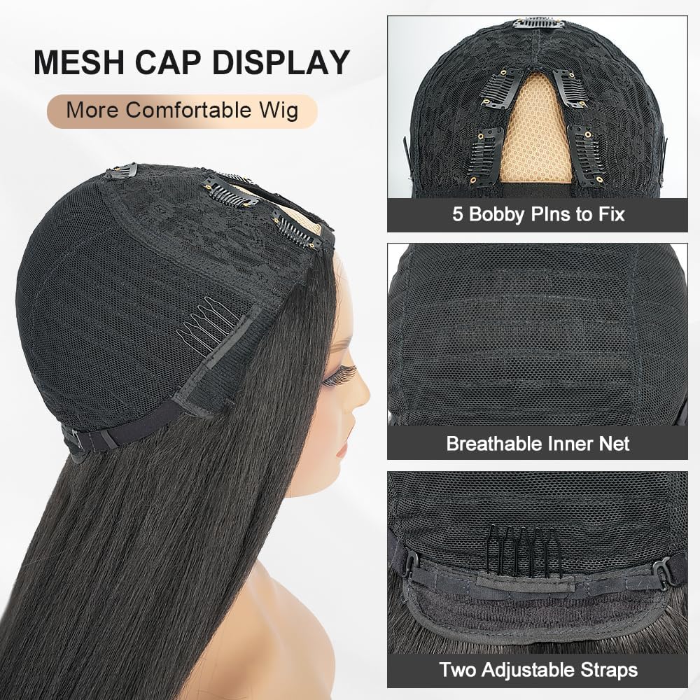 Emistar Black V Part Wig Kinky Straight Wig Upgrade U Part Synthetic Wigs for Black Women Full Head Clip In Hair Glueless Blend Human Hair Replacement Synthetic Wigs Natural Scalp (Black2.0, 14 Inch)