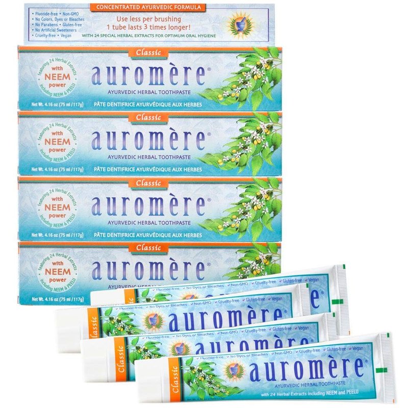 Auromere Ayurvedic Herbal Neem & Clove Toothpaste - All Natural Fluoride Free Toothpaste for Adults and Kids, Suitable for Sensitive Teeth, SLS-Free, Non GMO, Vegan, Cruelty-Free - 4 Pack