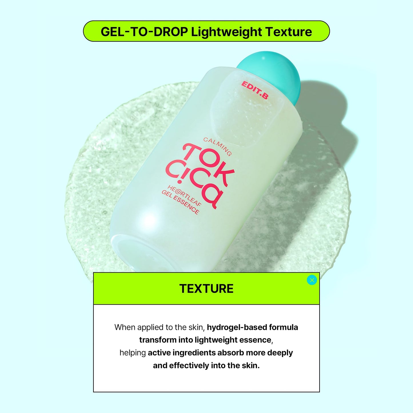 EDIT.B Calming Tok Cica Heartleaf Gel Essence, Cooling & Hydrating Facial Essence for Sensitive Skin, Lightweight Soothing & Relief Moisturizer, Korean Daily Skin Care (6.76 fl.oz / 200ml)