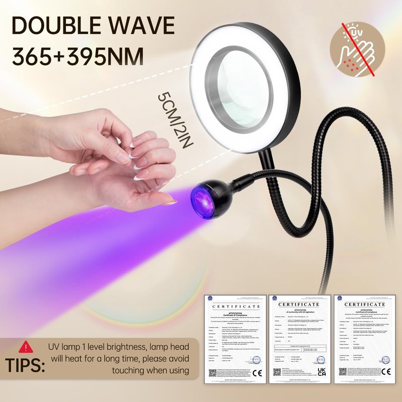 AORAEM LED UV Nail Lamp: Double-Headed Gooseneck UV Lamp for Gel Nails, LED Flash Cure Light with 6X Magnifier Home DIY Salon, Black