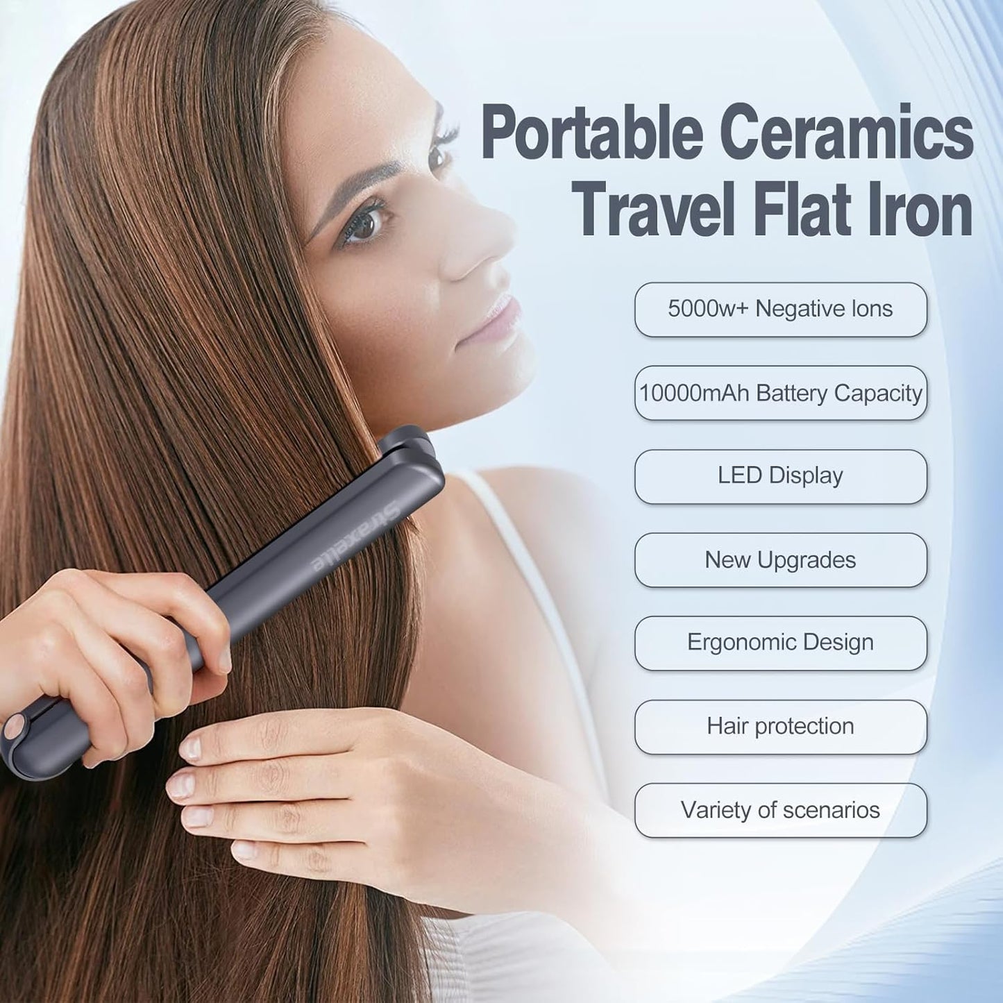 Cordless Hair Straightener - 10000mAh Rechargeable Flat Iron with LED Screen & 3D Floating Plates | Dark Blue & Gold