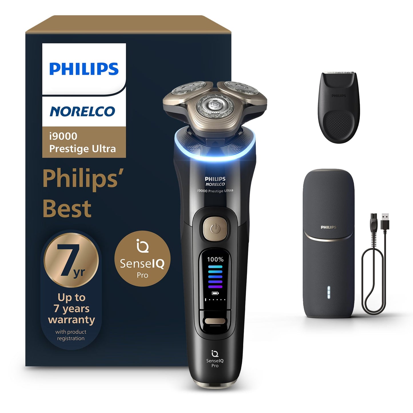 Philips Norelco Shaver i9000 Prestige Ultra, Wet & Dry Electric Shaver, Ink Black, SenseIQ Pro Technology, Triple Lift & Cut System, 360 Rotating NanoTech Precision Blades, 5 Shaving Modes, XP9400/89
