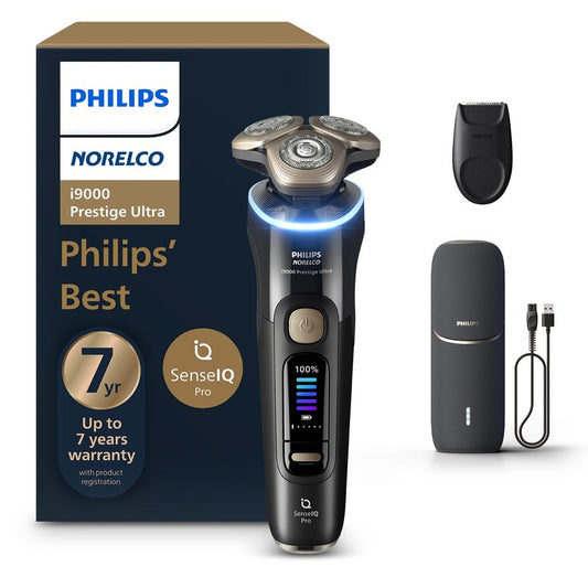 Philips Norelco Shaver i9000 Prestige Ultra, Wet & Dry Electric Shaver, Ink Black, SenseIQ Pro Technology, Triple Lift & Cut System, 360 Rotating NanoTech Precision Blades, 5 Shaving Modes, XP9400/89