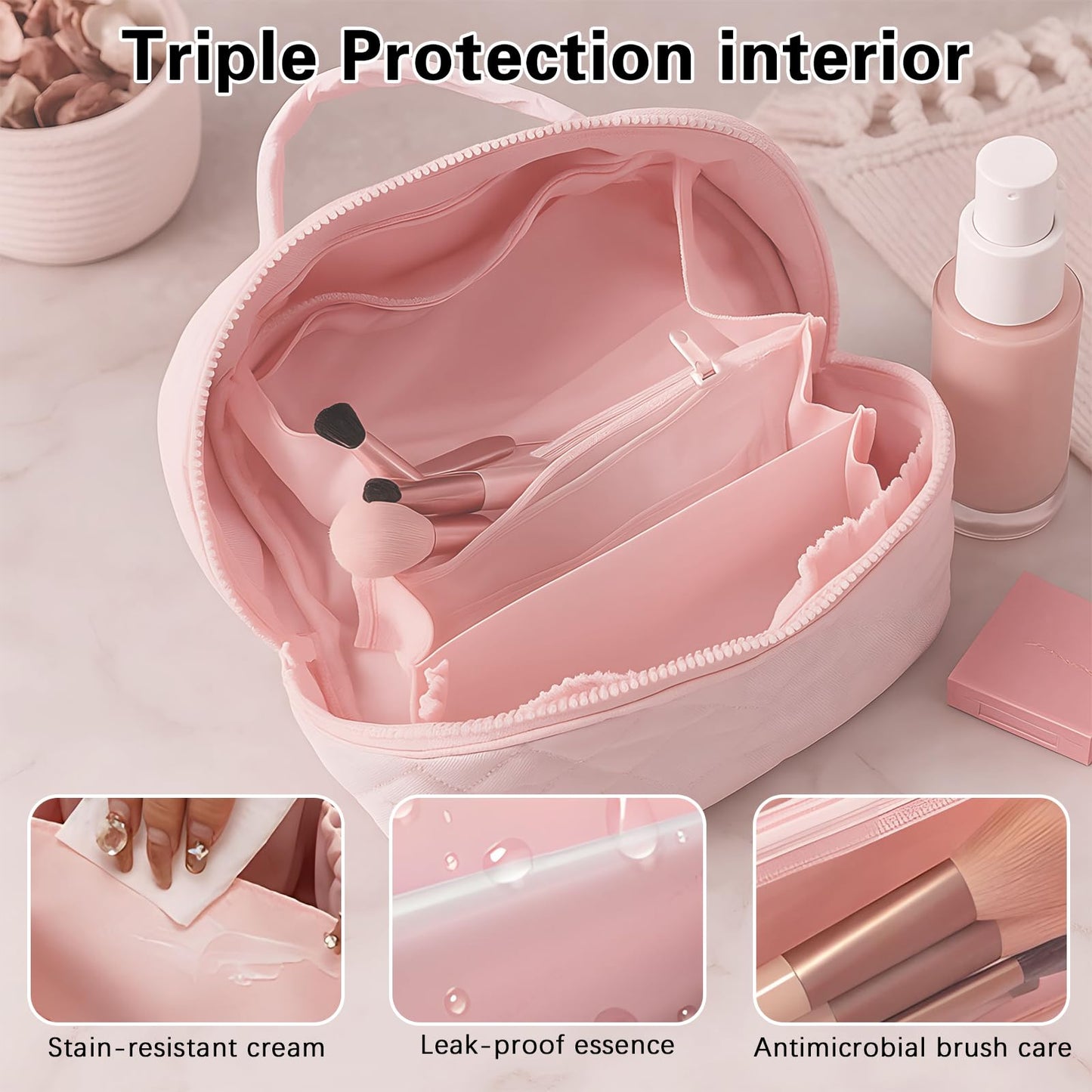 Makeup Bag Travel Toiletry Bag, Puffy Padded Make Up Bags for Women, Waterproof Cosmetic Organizer, Makeup Organizer Wide-open Pouch Purse, Travel Essentials for Toiletries Accessories Storage (Pink)