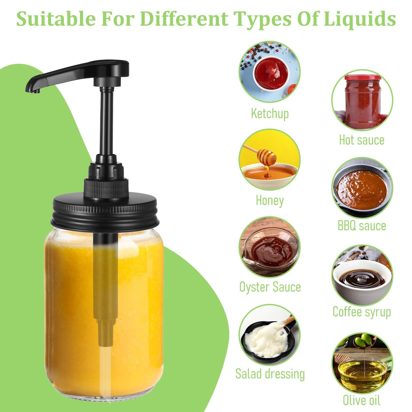 6 Packs Mason Jar Pump Lid for Regular Mouth Jars, Leak-Proof 2.8 Inch Mason Jar Soap Dispenser Pump Lid for Honey, Syrup, Liquid Condiments, Ketchup, Coffee and More