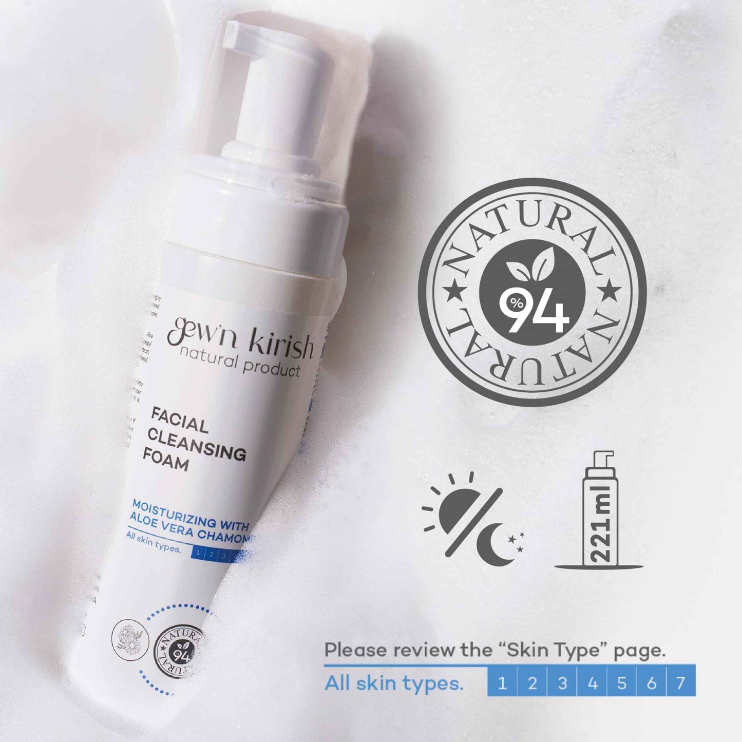 Gew’n Kirish Facial Cleansing Foam – Gentle Daily Cleanser for All Skin Types, With Aloe Vera, Chamomile, Niacinamide, Moisture-Balancing Soft Lather, 7.5 fl oz