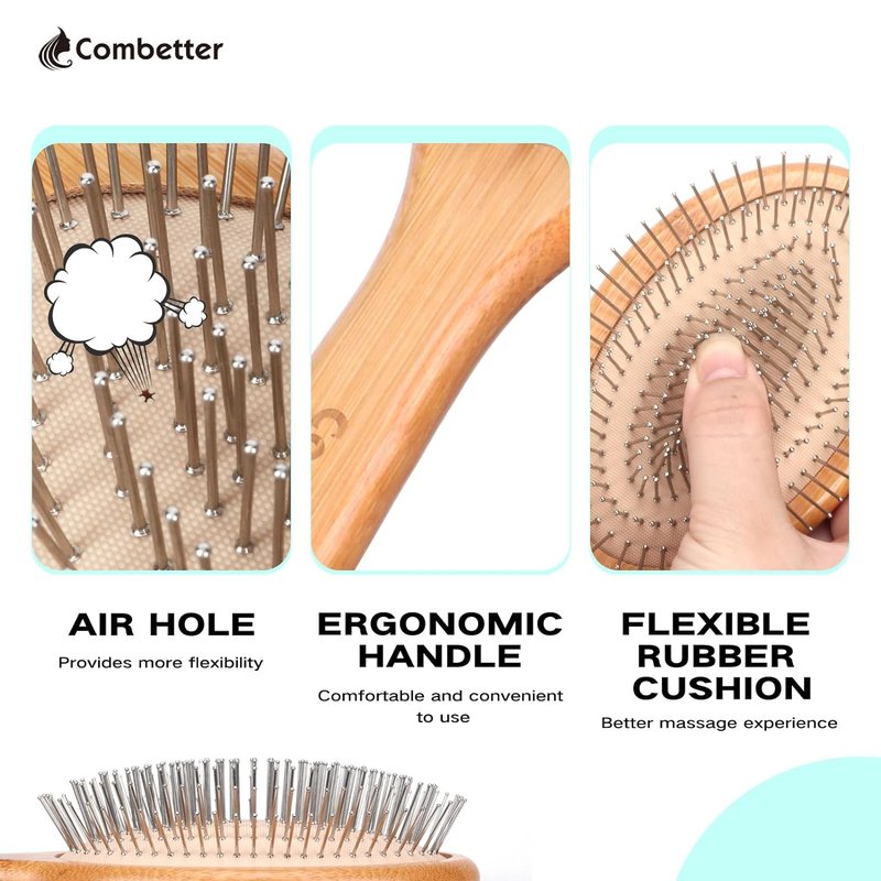 Bamboo Hair Brush - Detangling & Smoothing Scalp Massage Brush | Natural Wood with Metal Bristles for All Hair Types