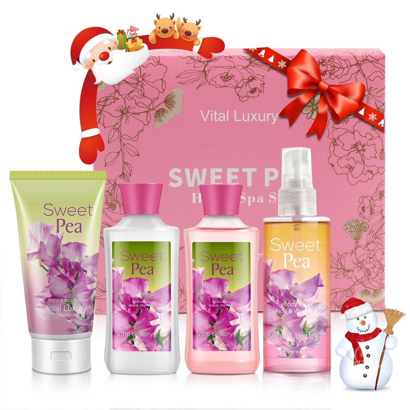 Vital Luxury Sweet Pea Bath & Body Kit, 3 Fl Oz, Ideal Skincare Gift Home Spa Set, Includes Body Lotion, Shower Gel, Body Cream, and Fragrance Mist, Birthday Mother's Valentine's Day Gifts for Her