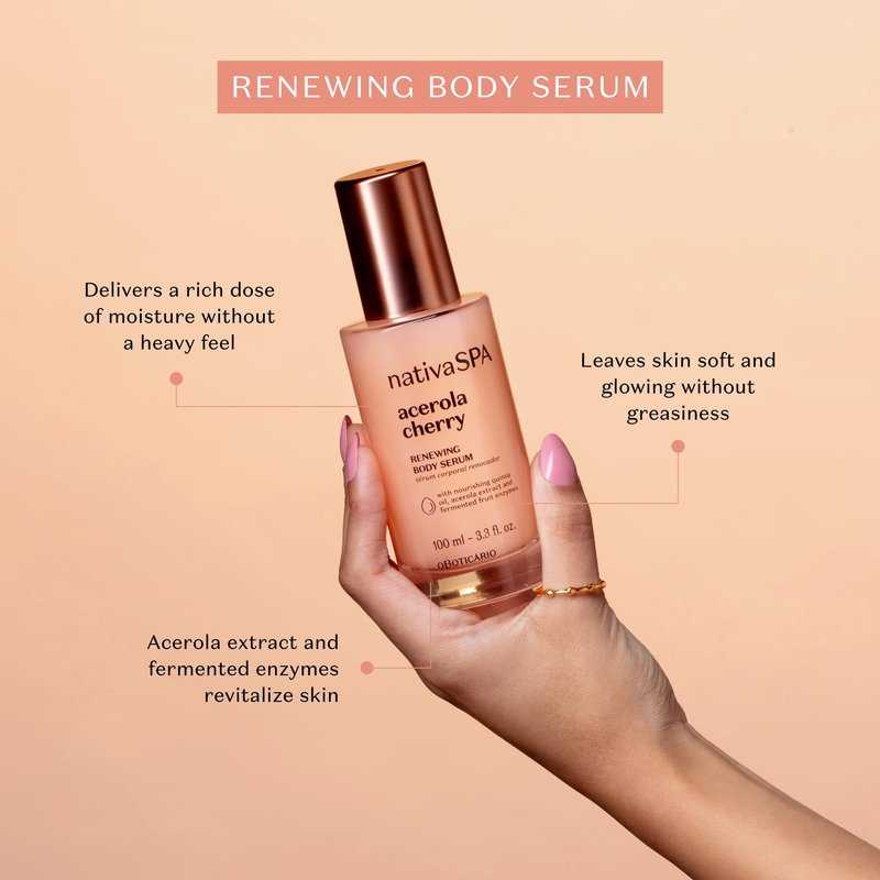Nativa SPA by O Boticario Acerola Cherry Renewing Body Serum, Lightweight Hydration for Luminous Skin, 3.38 Ounce (100 ml)