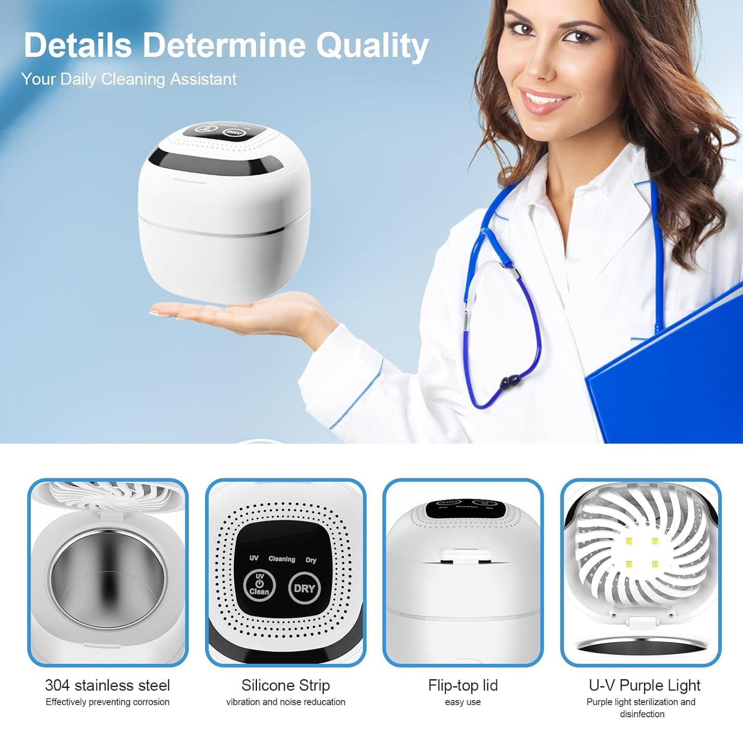 Ultrasonic Retainer Cleaner - 45kHz Digital Timer, 180ml for Dentures, Mouth Guards, Braces & Jewelry | White