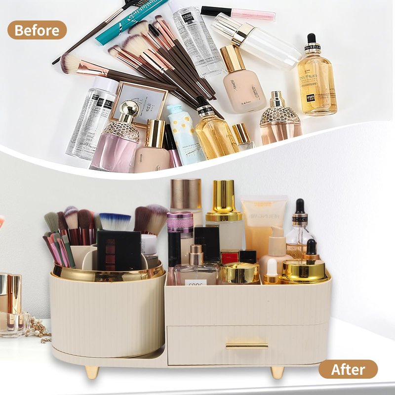 Zufudo Makeup Organizer Countertop with Drawer 360 Rotating Brush Holder Storage Large Capacity Skincare Cosmetic Display Cases for Vanity Bathroom Desktop, Model 3016 Cream
