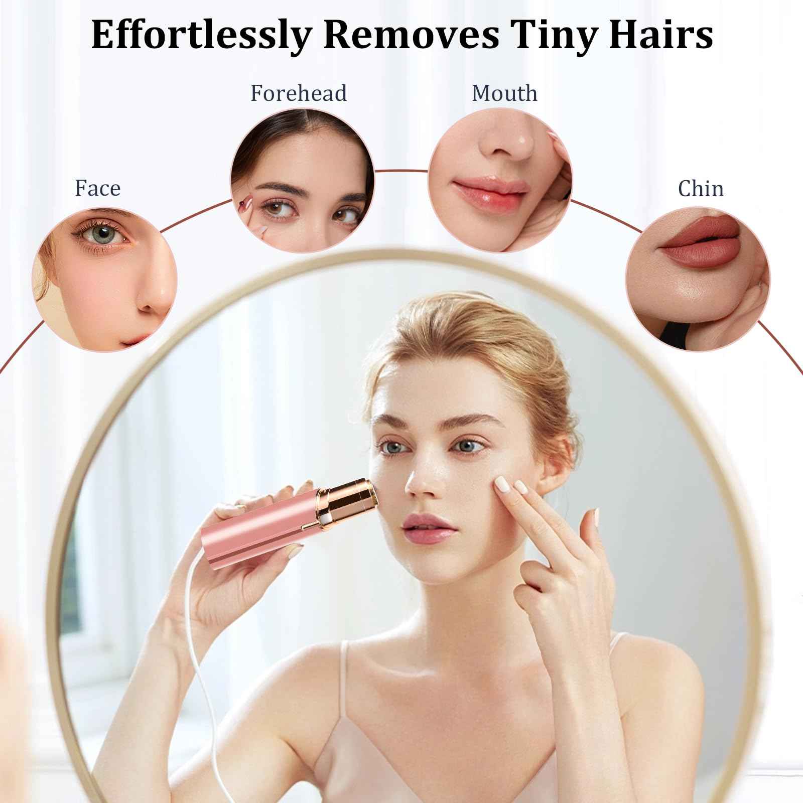 Facial Hair Removal for Women, Portable Painless Hair Remover Device, Rechargeable, with 4 Replacement Heads, for Face, Upper Lip and Chin