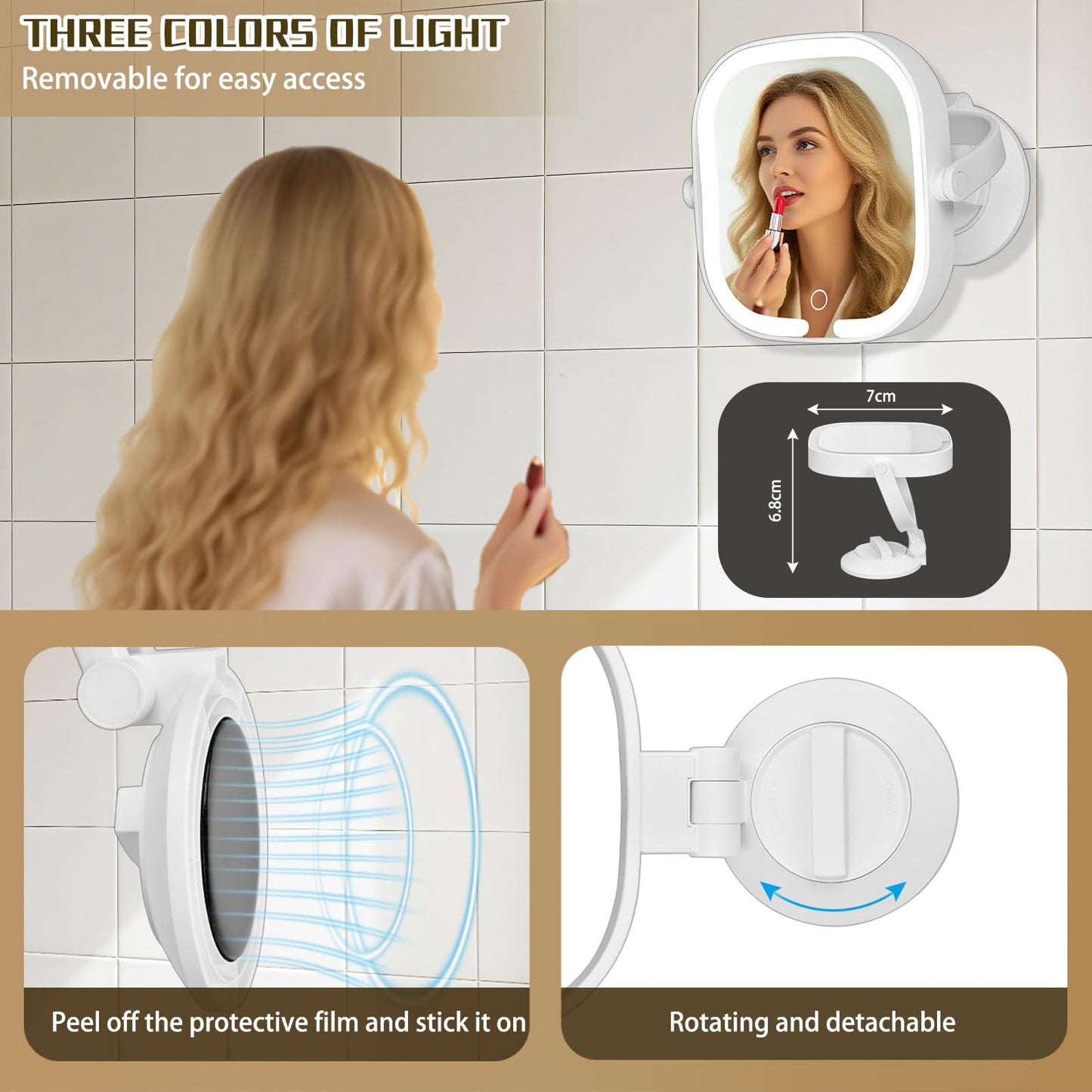 Ukransa Square 30X Magnifying Makeup Mirror with Light, Dual-Sided Suction Cup Vanity Mirror, 3 Lighting Modes & Stepless Dimming, Rechargeable, 360° Rotatable, Portable Wall-Mounted Mirror