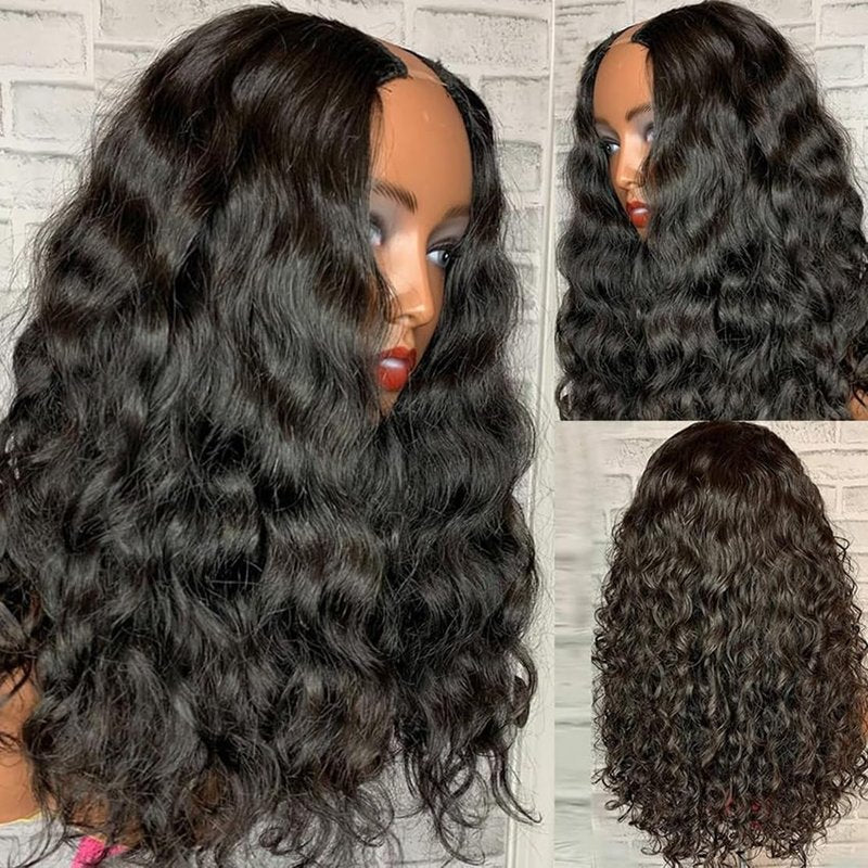 Emistar Water Wave Black V Part Curly Wig Loose Wavy Wig Upgrade U Part Synthetic Wigs for Black Women Full Head Clip In Hair Glueless Hair Replacement Synthetic Wigs (Black, 20 Inch)