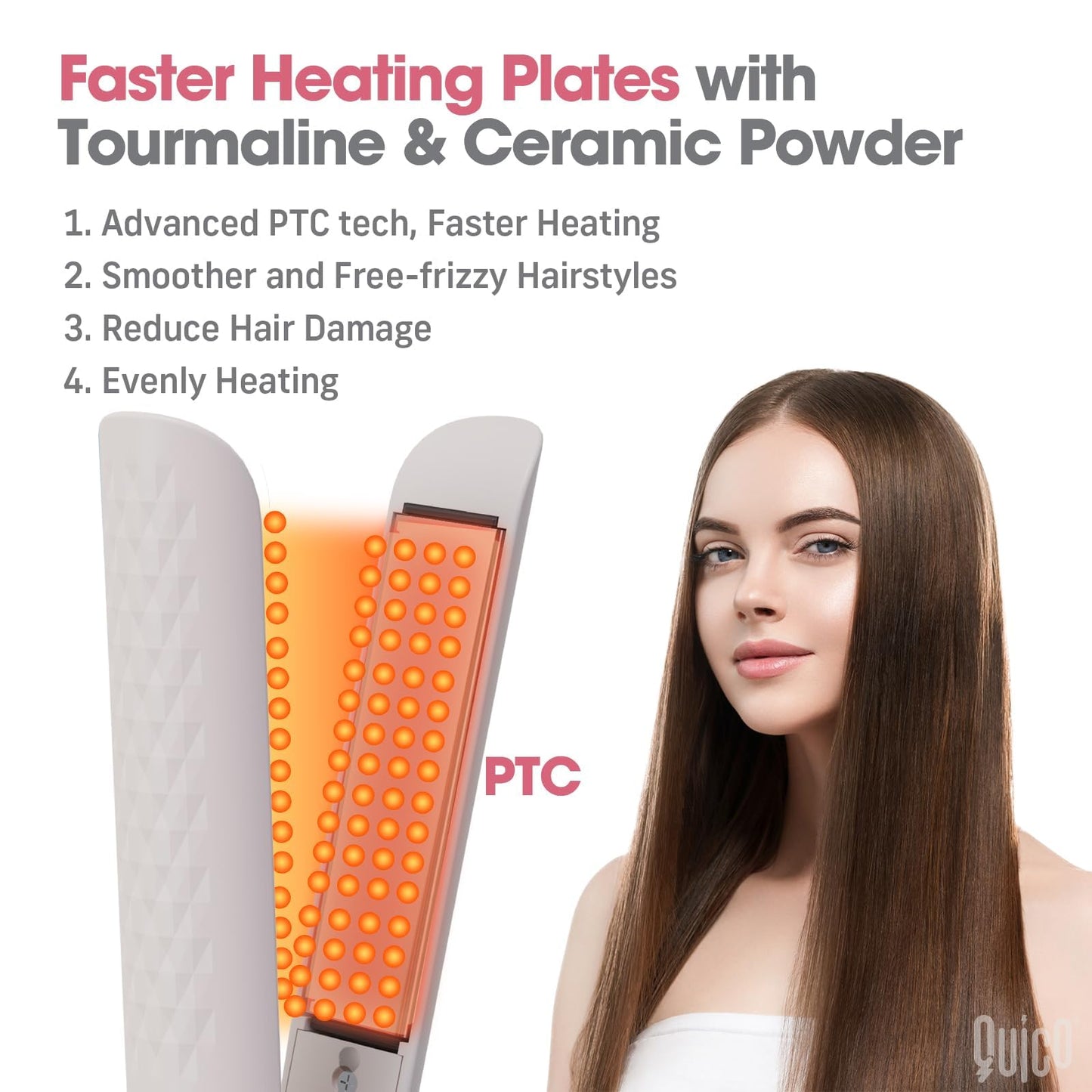 Quico Hair Straightener, 110-240V Global Travel Hair Straighteners for Women, 15s Fast Heating, Ceramic Negative Ion Flat Iron, Temp Memory, 320℉-450℉, Auto-Off, with Glove and Clips, Gift, Pink