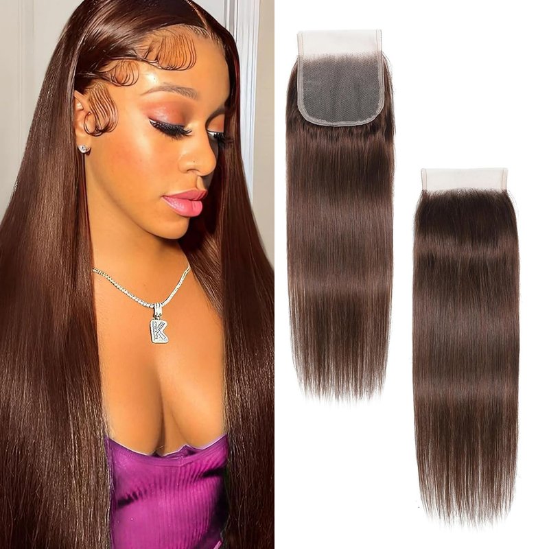Brown Human Hair Transparent Lace 4x4 Closure Straight Chocolate Brown 4# 100% Unprocessed Virgin Hair Pre Plucked With Baby Hair Wet And Wavy Lace Closure For Women 20 Inch