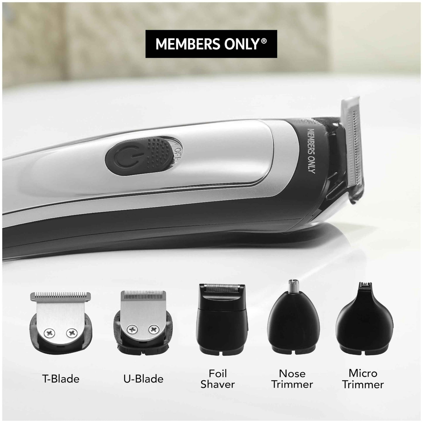Members Only Trimmer for Men, Premium Lithium Cordless Hair and Beard Kit, 5 Interchangeable Heads, Smart LED Power Display, USB Rechargeable Battery, 4 Trimmer Guides